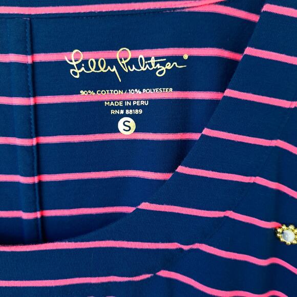LILLY PULITZER Merrit Dress In True Blue Palm Stripe Small Blue Pink Beaded - Picture 6 of 11
